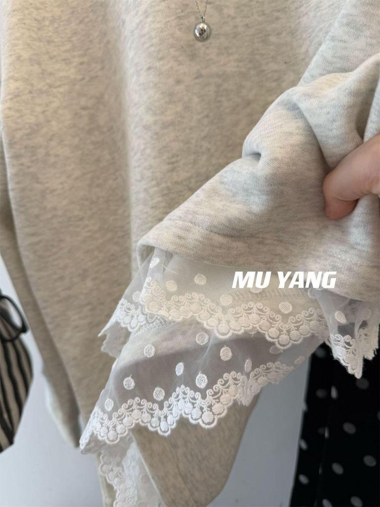 Women's Korean Lace Trim Round Neck Fleece Sweatshirt - Winter Mid-Length Loose Fit