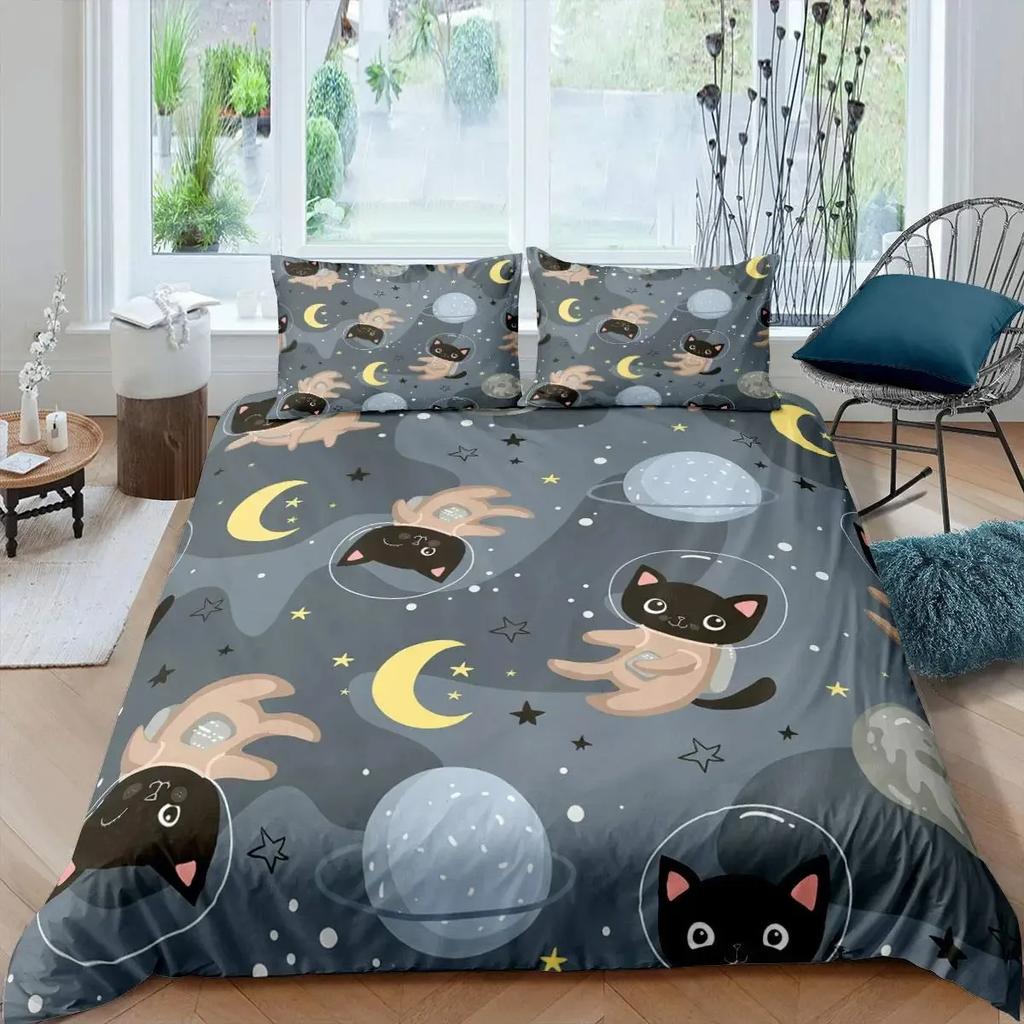 Galaxy Cat Duvet Cover Set Girls 3D Digital Cat Bedding Set Galaxy Colorful Cat Starry Sky Comforter Cover Lover Quilt Cover