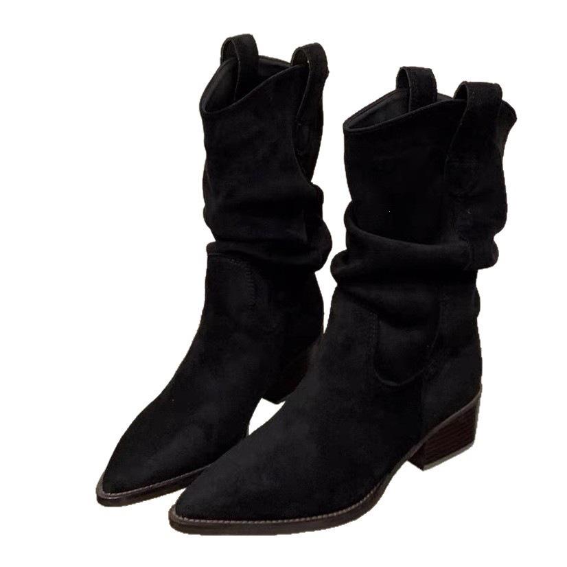 Pointed Knight Pile Folds Autumn Ladd Western New Medium Boots Women's Short Boots Beautiful Retro Thick Heel