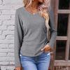 Women's V Neck Long Sleeve Knit Top Ruched Side Solid Color Textured Casual Basic T Shirt Fall Fashion Blouse