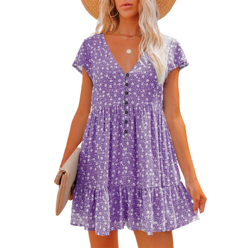 Fashion Women V Neck Button Floral Dress Short Sleeve Loose Casual Dress