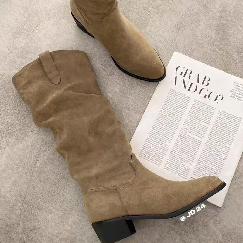 

Заостренный носок женские высокие сапоги замшевые зимние туфли на среднем каблуке дизайнерская обувь 2025 тренд массивные туфли-лодочки до колена классические челси Botas Mujer 40