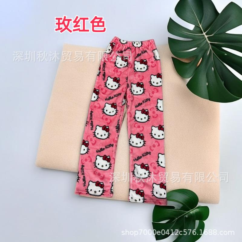Halloween Kawaii Hello Kitty Flanellen Pyjamabroek Dames Winter Fleece gevoerd Warm Loungewear Trekkoord Joggingbroek