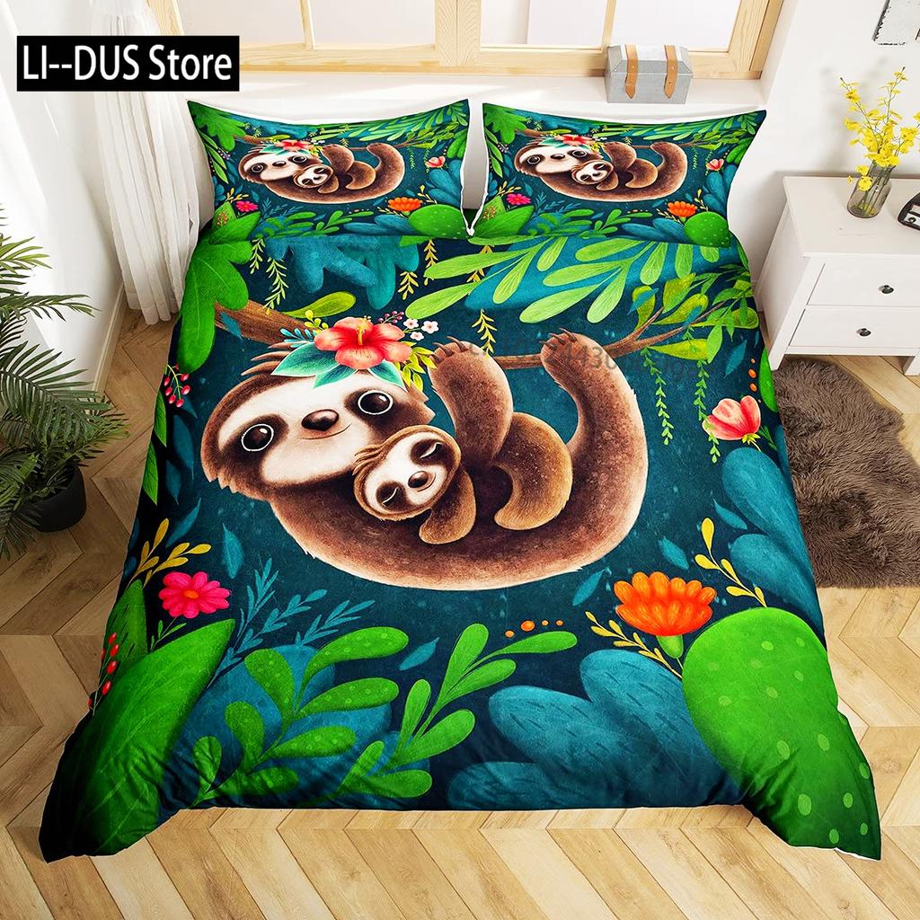 Sloth Duvet Cover Set Cartoon Character Sleeping on Branch Decorative 3 Piece Bedding Set with 2 Pillow Shams Queen Full Size