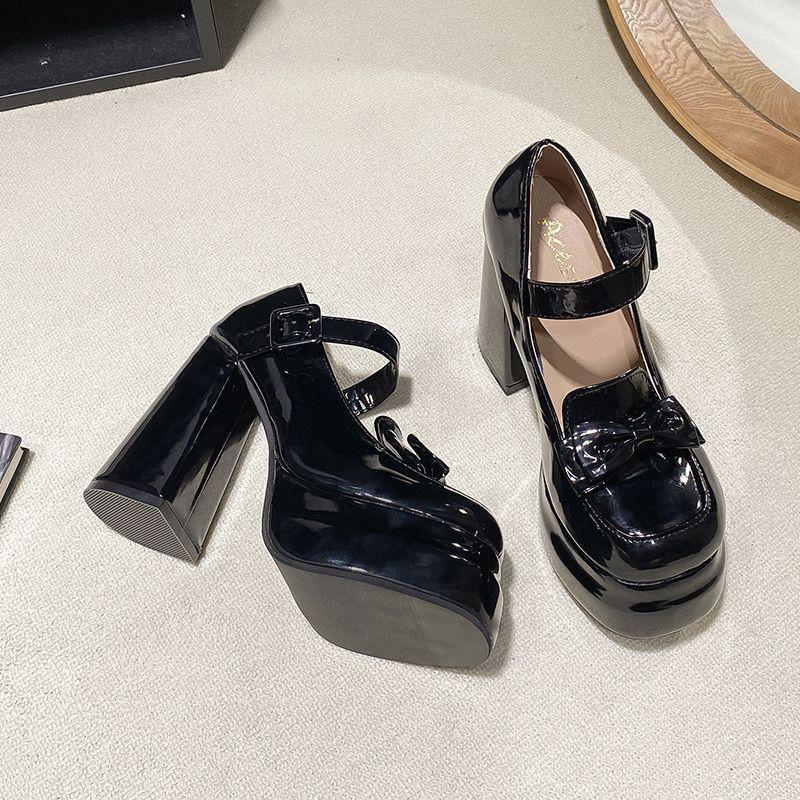 Autumn Single Shoes Thick Sole Thin Bow High Heel Mary Jane Shoes Sweet Cool Small JK Girlish Feeling Heightened Leather Shoes