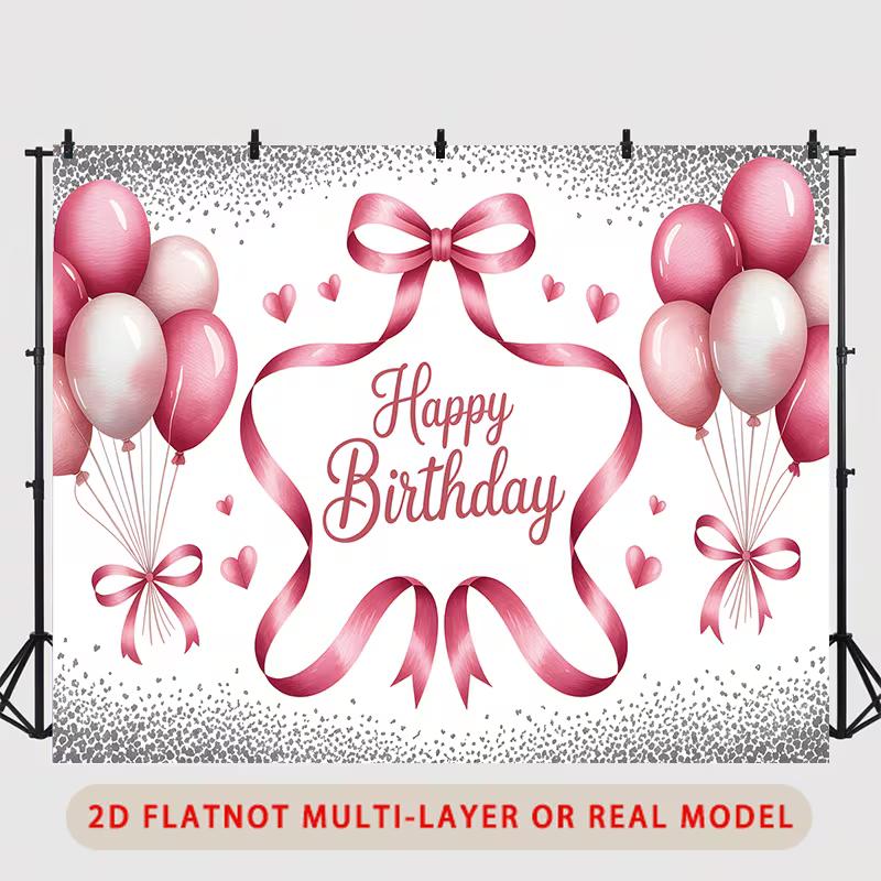 2D Pink Balloon Happy Birthday Backdrop with Hearts and Ribbons Party Banner