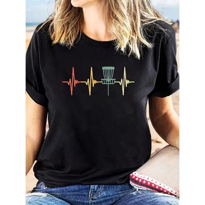Damen Bunte Herzschlag Disc Golf Print Strand Sommer Lässiges T-Shirt