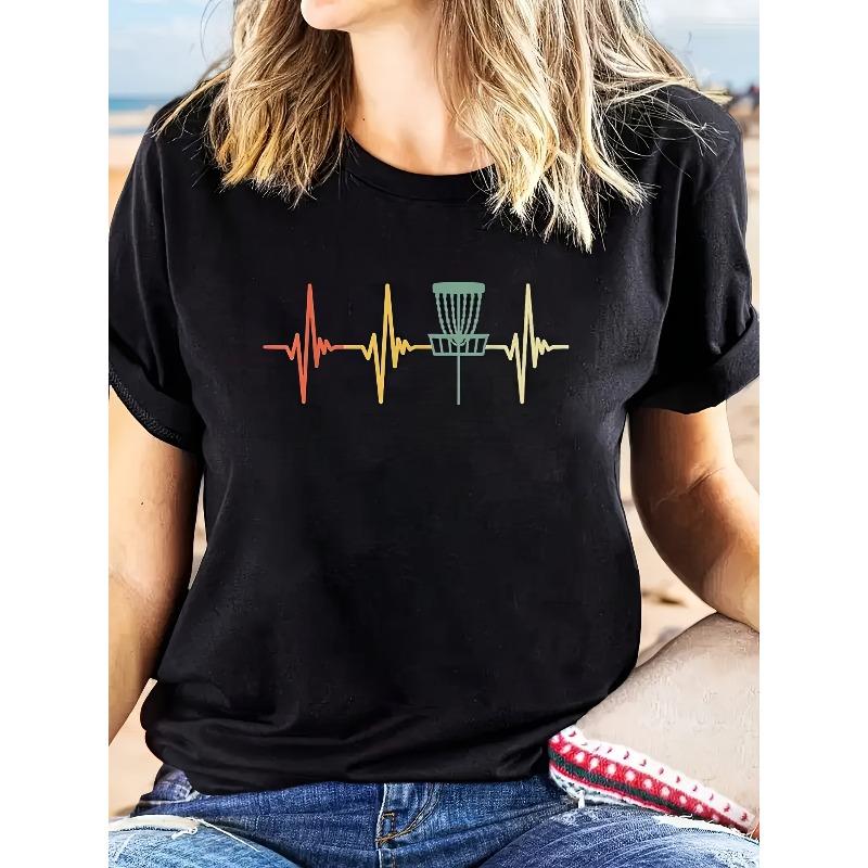 

Women Colorful Heartbeat Disc Golf Print Beach Summer Casual Tee S чёрный