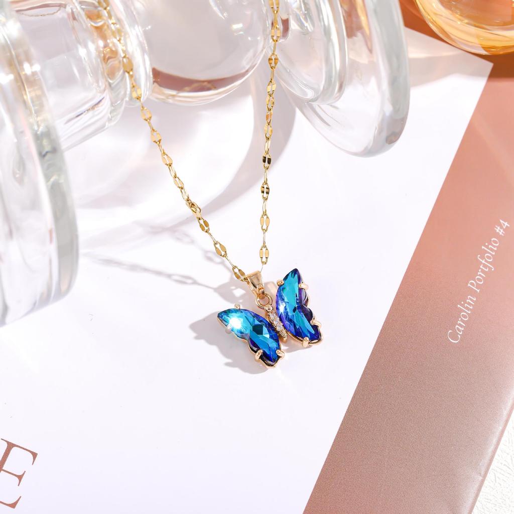 Iridescent Gradient Butterfly Necklace with Zirconia Rhinestones - Titanium Steel Clavicle Chain Pendant.