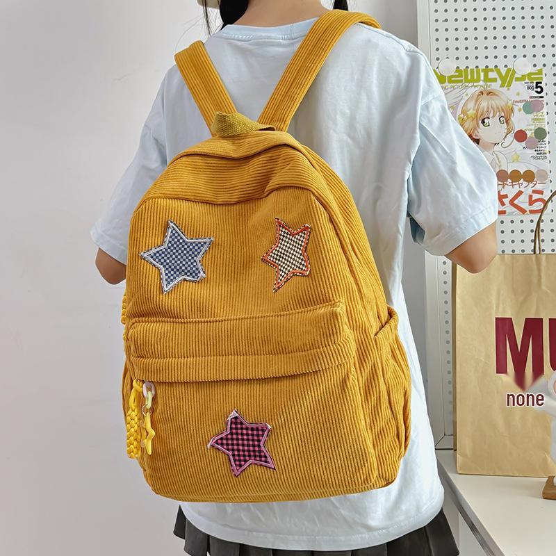 Women's Mori Style Corduroy Backpack - Harajuku Middle School Bookbag with Star Design for Travel