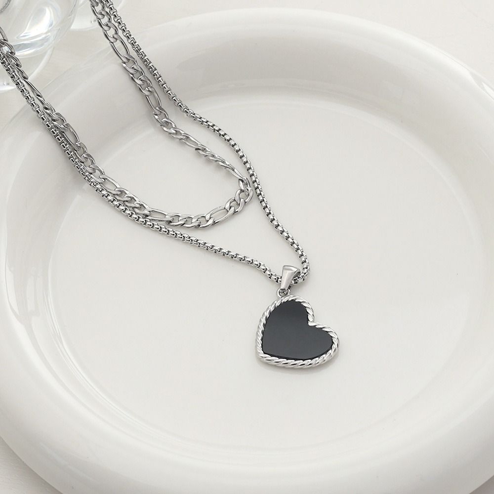Titanium Steel Double Stacked Neck Chain Sweet Charm Heart Clavicle Chain  Birthday Gift