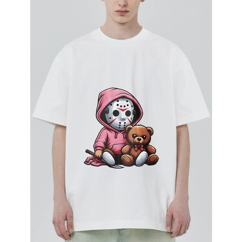 Black T Shirt With Jason Voorhees And Teddy Bear Graphic For Casual Wear