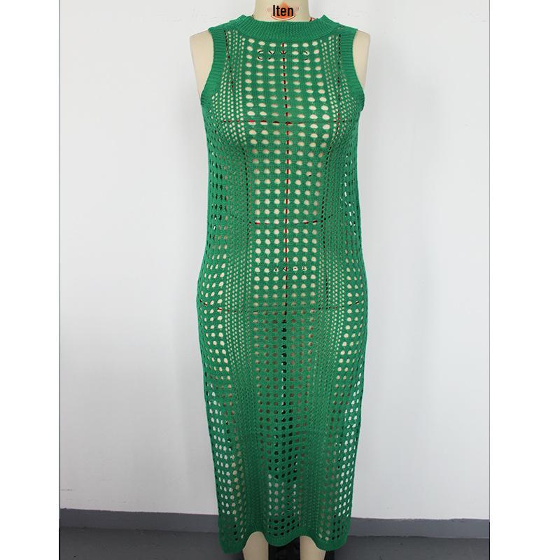 Cross-border Vacation Sexy Knit Sleeveless Dress: Solid Color, Round Neck, Breathable, High Slit, Beach Cover-up