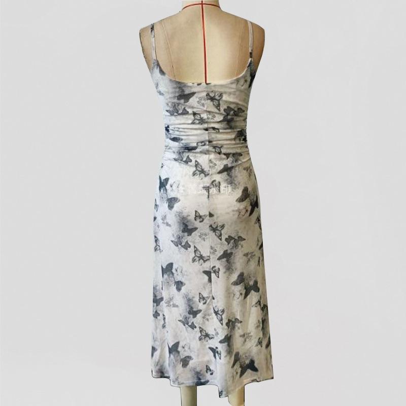Women's Summer Tea Break Cool Ink Style Butterfly Print Halter Dress