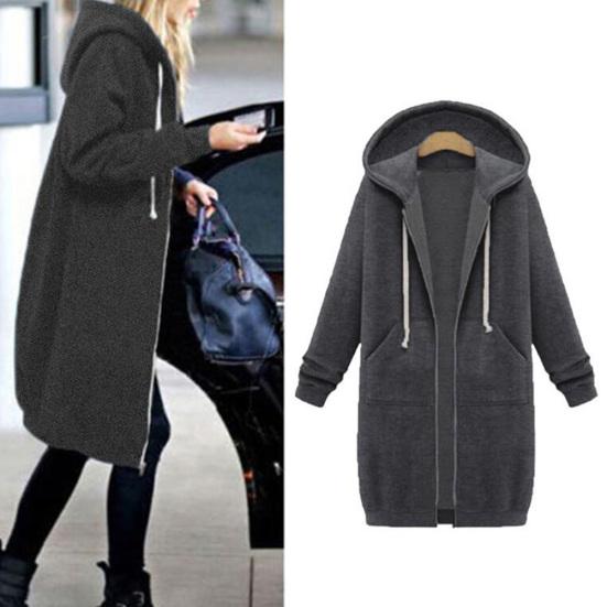 Chic Lady Solid Color Long Sleeve Casual Hooded Sweatshirt Coat Zipper Outwear