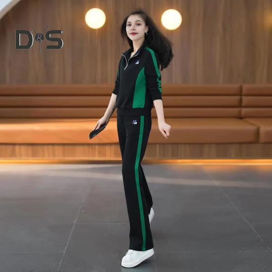 2 Teile/satz Damen Sportbekleidungsset Langarm Farblich Passend Reißverschluss Stehkragen Sweatshirt Elastische Taille Weite Beinhose Sportkleidung Lässig