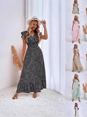 2026 European & American Women's Spring/Summer V-Neck Waist-Cinching Ruffle Long Dress