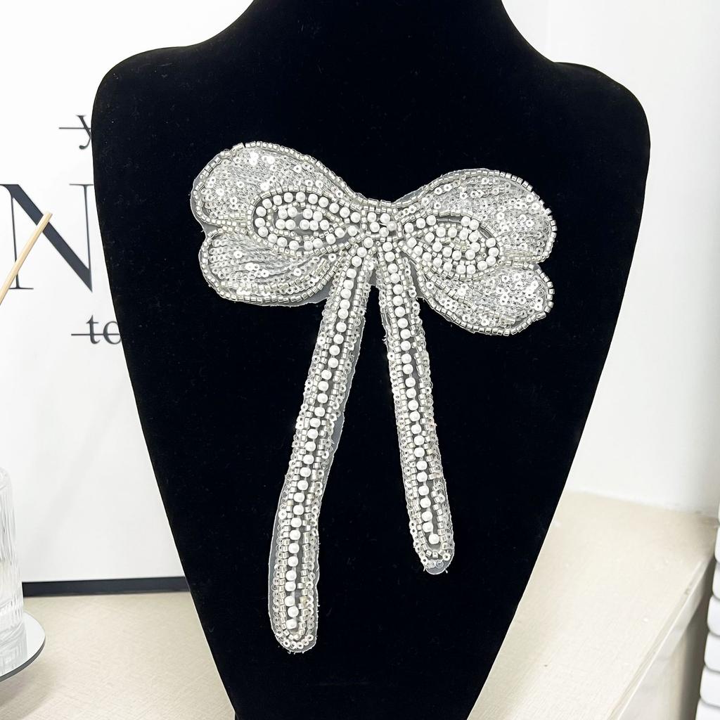 Eugen Yarn Beaded Silver Bow Lace Embroidered Cloth Sticker Wedding Dress Headgear Dress Decorative Accessories