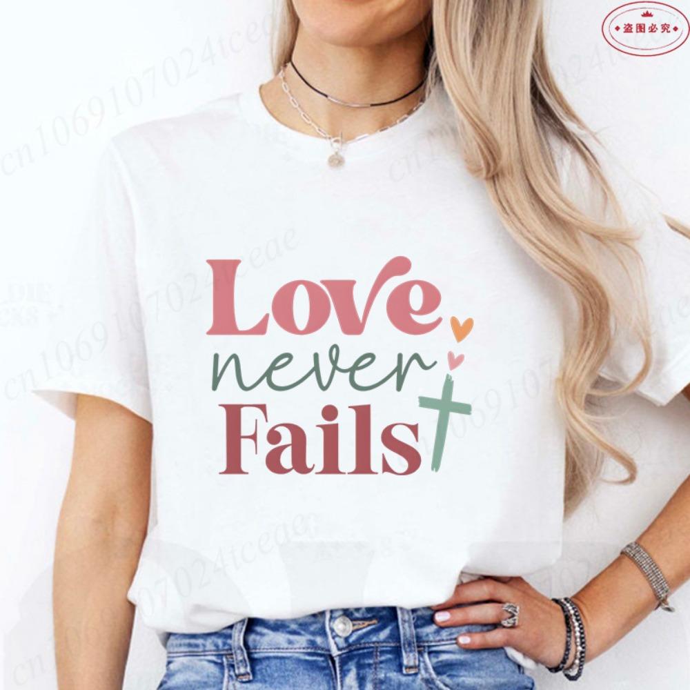 

Women s Christian Faith T-Shirt Love Never Fails Retro Color Block Cross Print Tee Casual Short Sleeve O Neck Tops for Church M