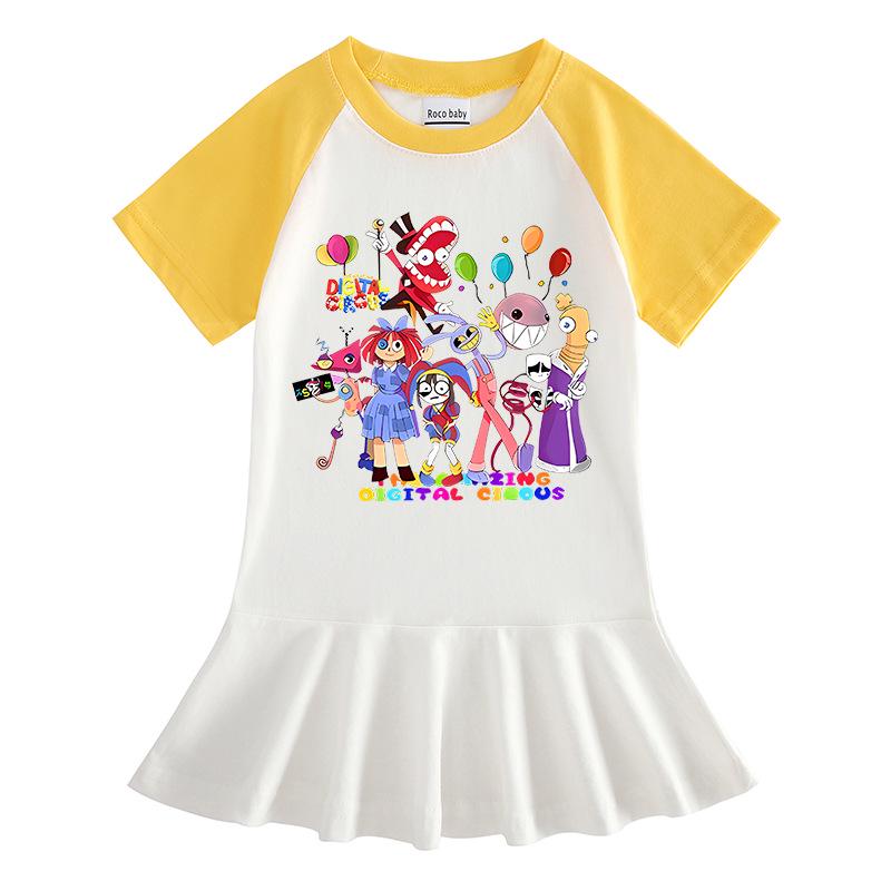 2026 Korean Style Kids' Cartoon Dress: Color Block Pleated Skirt with Short Sleeves for Girls