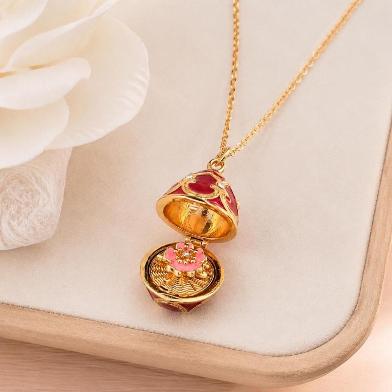 Enamel Egg Pendant Necklace with Hinged Opening, Collarbone Chain, Gold-Tone Chain, and Easter Outfit Styling for Women