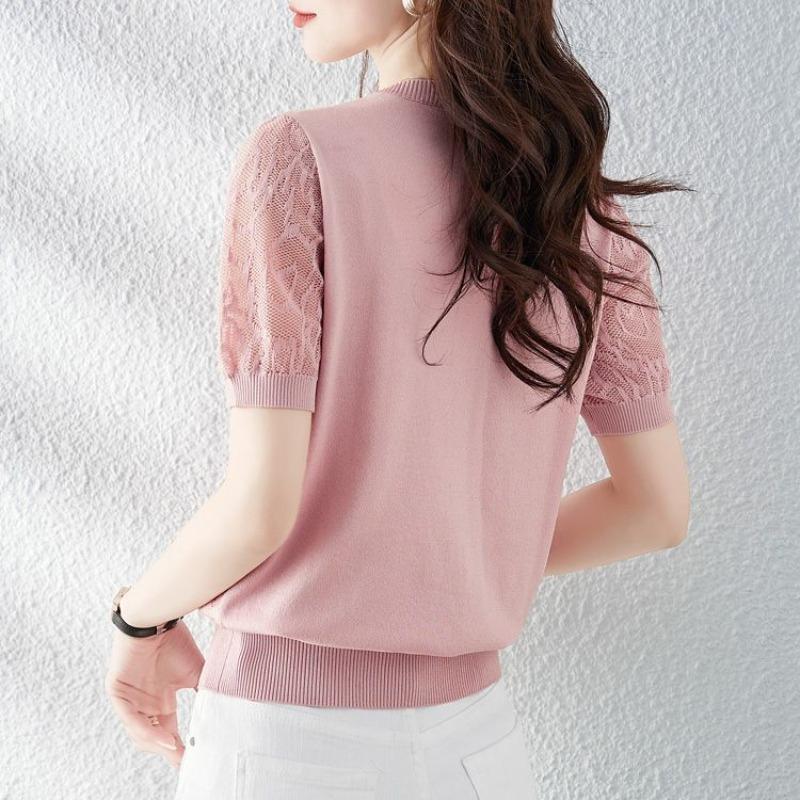 Letnie koreańskie damskie topy z okrągłym dekoltem, gładkie, ażurowe, żakardowe, z tkaniny ice silk, modne, krótkie rękawy, luźny splot