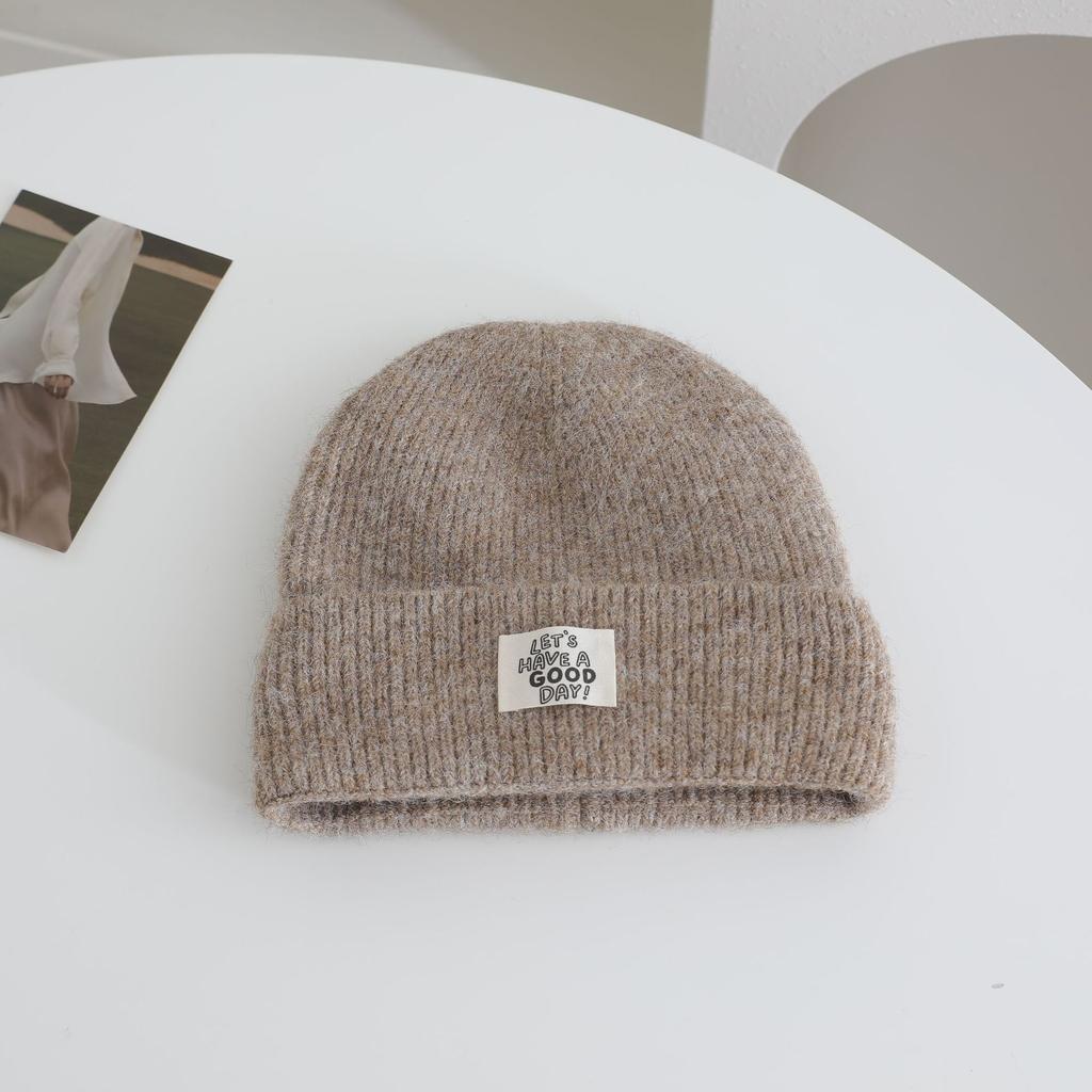Simple Letter Pattern Labeling Knitted Hat for Women In Autumn and Winter New Thickened Warm and Cold Hat Showing Face Small Ear Protection Hat