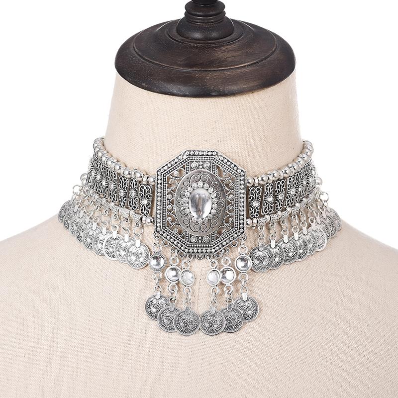 Statement Vintage Choker Necklace Women Bohemain Collares Flower Crystal Rhinestone Blue Beaded Coin Tassel Ethnic Gypsy Jewelry