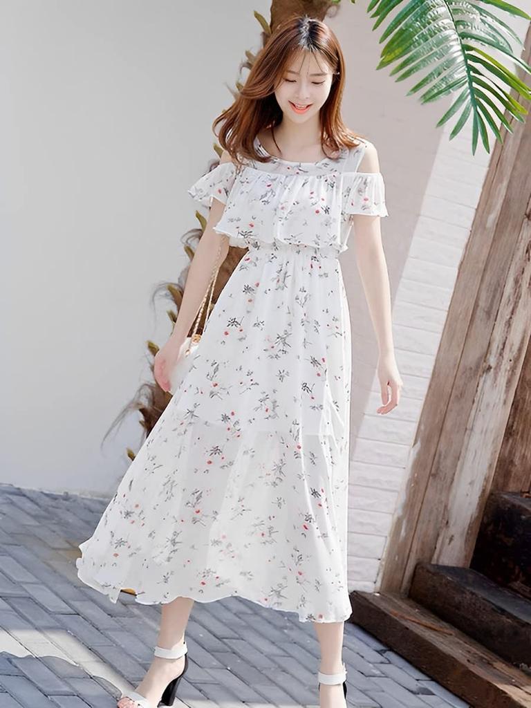 Village Floral Print Summer Resort Midi Short Neat and 1019HGA Floral Print H&T Women's Dress, Dress, Chiffon, A-Line, Flared, Off-the-Shoulder,