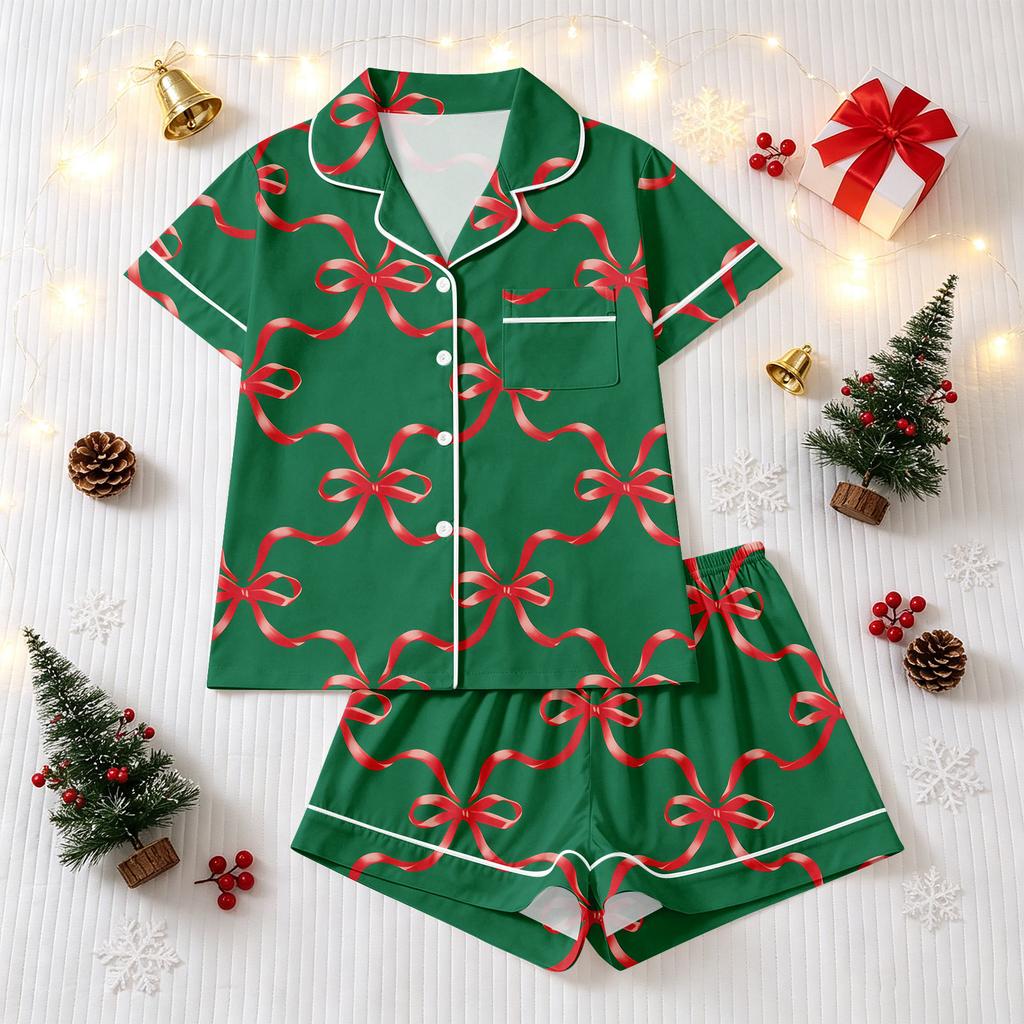 Women's Christmas Pajama Set with Short Sleeve Button Down Shirt and Pajama Shorts