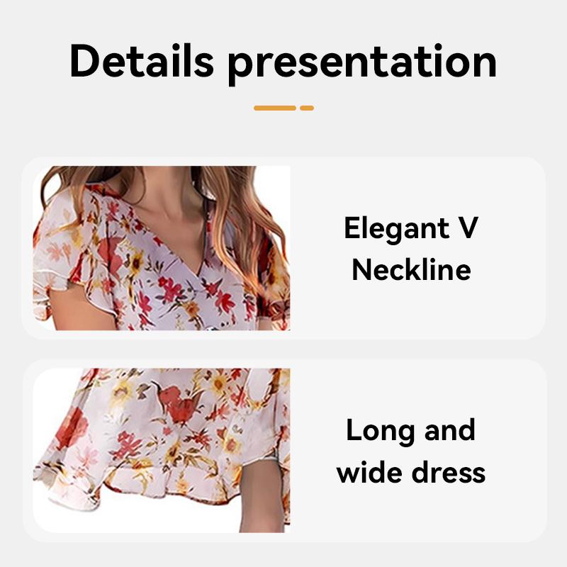 Women's Floral Ruffle Sleeve Maxi Dress V Neck Loose Boho Summer Long Dress
