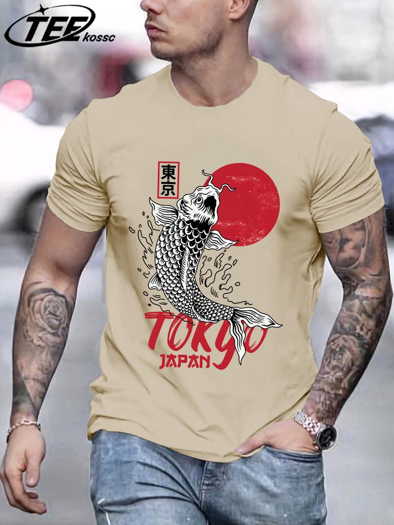 Harajuku Japan Tokyo Sunset Koi T Shirts Men Cotton Summer TShirt Loose Casual Clothes Unisex AllMatch ONeck Short Sleeve