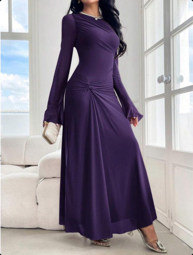 2026 European Chic Trumpet Sleeve Slim Fit Elastic Wrinkled Dress