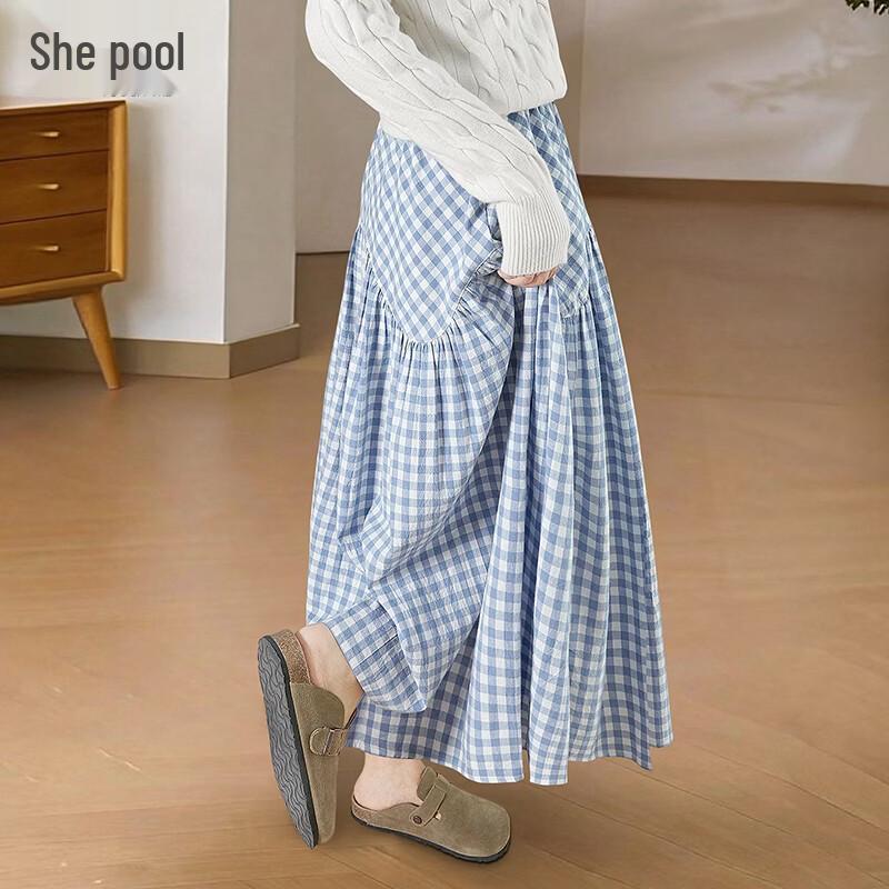Women s Elastic Waist Plaid A-line Midi Skirt S