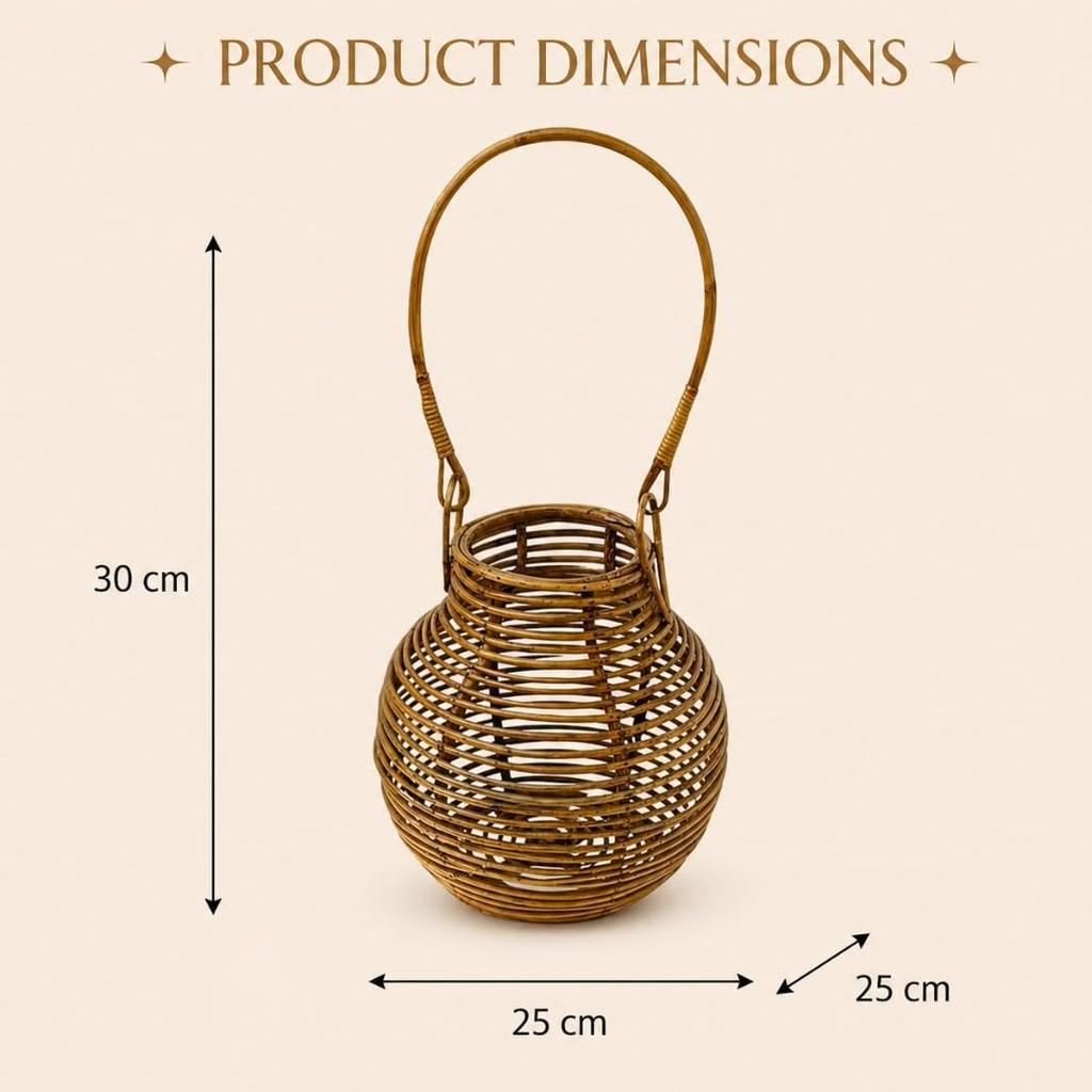 Eco Decx Rattan Hurricane Lamp with Handle, Woven Decorative Table Lamp for Bedroom, Living Room & Bedside Decor, 25  x  25  x  30 cm