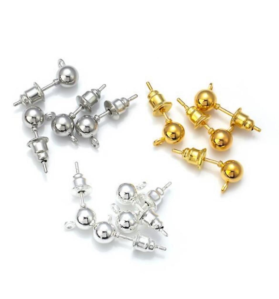 

50pcs/lot Gold Color Earring Studs Ball Post Basic Ear Pins with Earplugs for Jewelry Making DIY Pendant Earrings Accessories 3mm