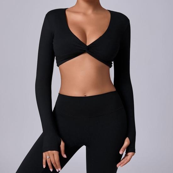 Long Sleeve Workout Tops for Women Twist Front Deep V Neck Cropped Athletic Top Yoga Pilates Gym Outfit