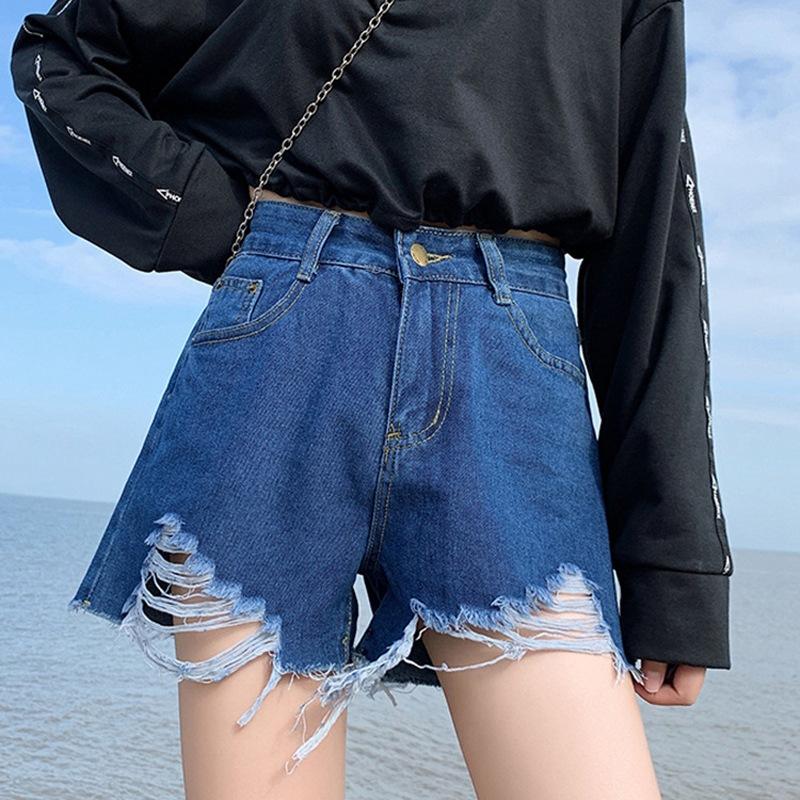 Summer Pants Classic and Minimalist Fashion Versatile Black Women's High-waisted Loose Summer Hole-breaking Thin Burlap Wide-legged Son Denim Shorts