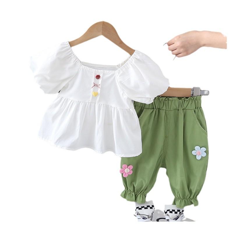 2025 New Korean Style: Puff Sleeve Floral Top & Shorts Summer Two-Piece Set for Baby Girls