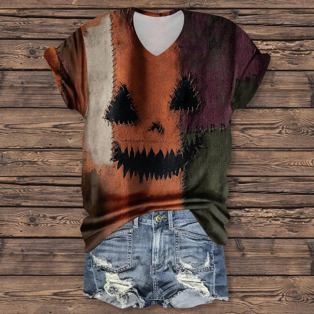 Women's Fashion Casual Three-quarter Sleeve Halloween Letters,  Face Print Top