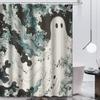 Halloween Black & White Abstract Ghost Shower Curtain - Cartoon Design, Washable Polyester,    Spooky Bathroom Decor