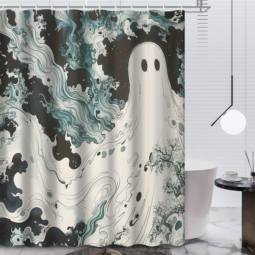 Halloween Black & White Abstract Ghost Shower Curtain - Cartoon Design, Washable Polyester,    Spooky Bathroom Decor