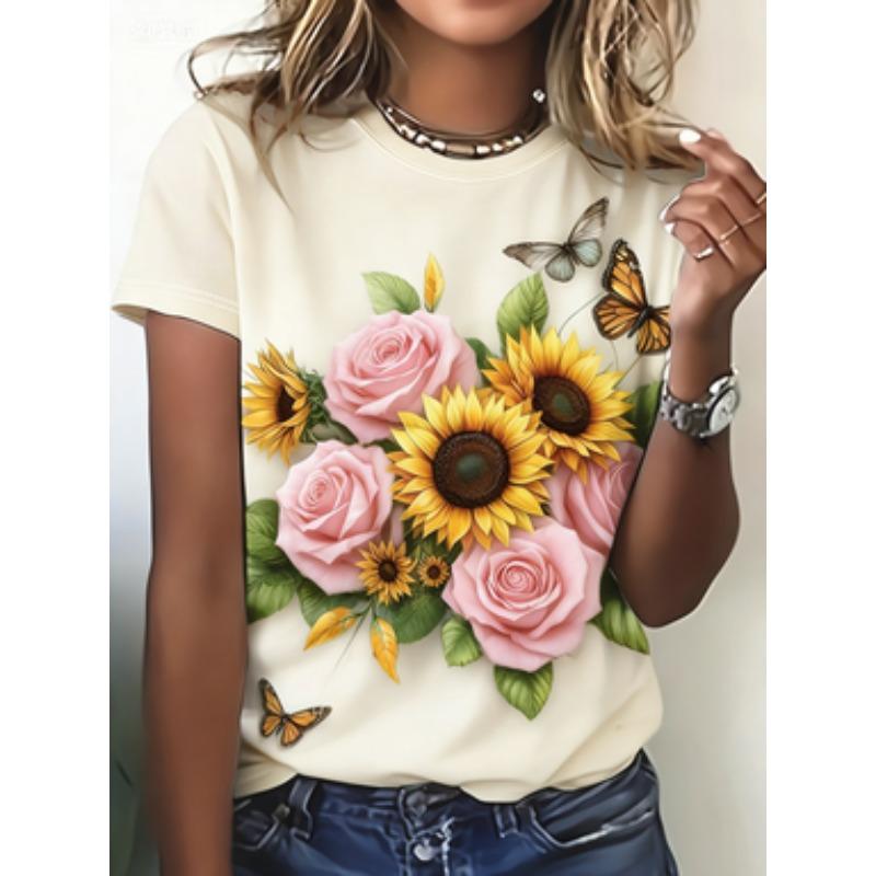 

Retro flower print short-sleeved women s soft, comfortable and machine washable spring and summer versatile T-shirt XXL