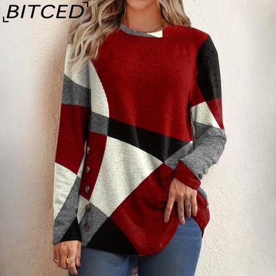 Autumn and Winter Women's Button Geometric Clash Long Sleeve Printed Loose T-Shirt Top