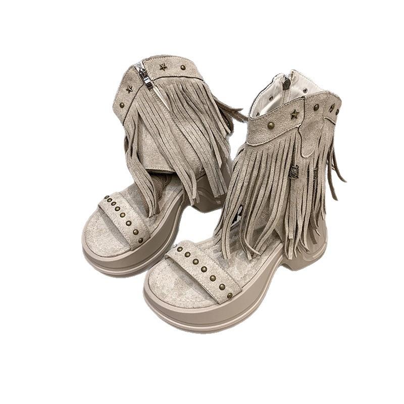 Fashion retro rivet fringed open-toed cool women's shoes summer new niche design versatile cool boots tide