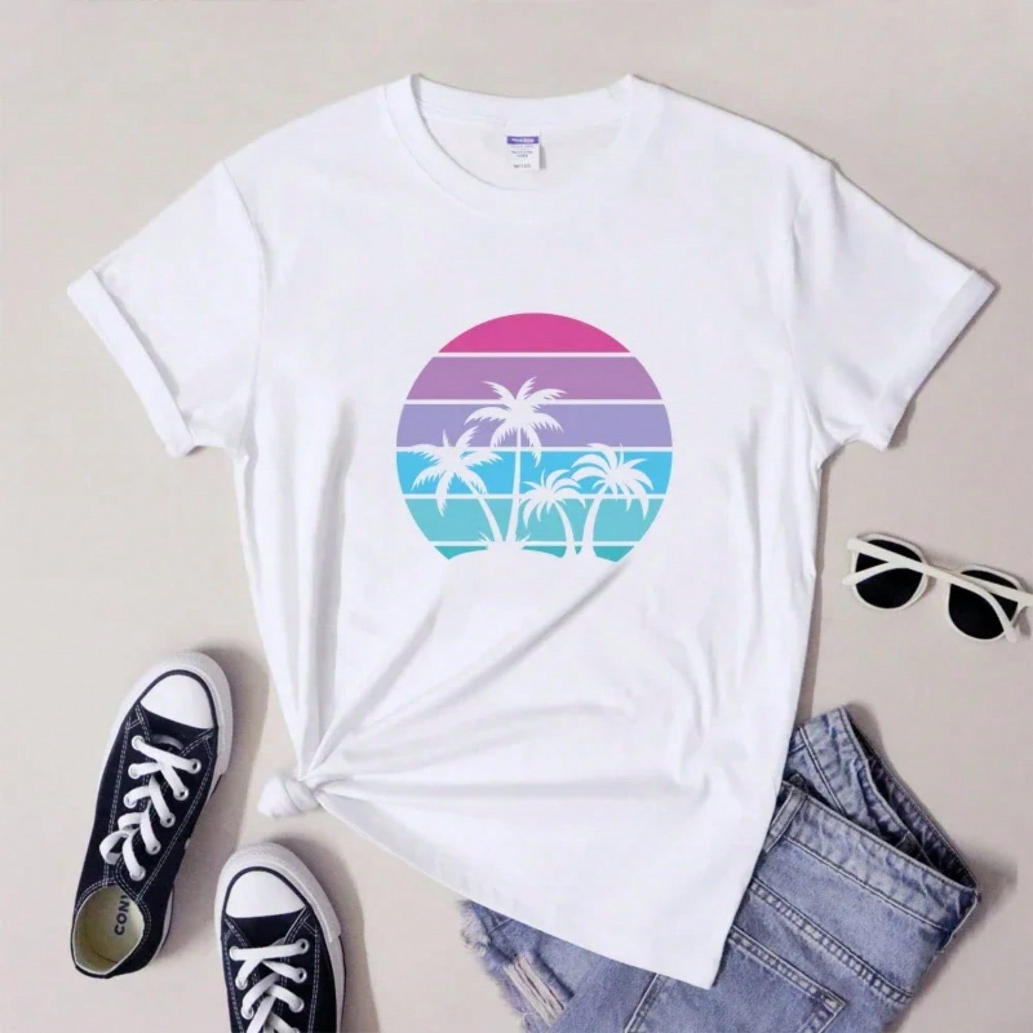 Palm Tree Island Sunset T-Shirt Aesthetic Wounisex Tropical Beach Vibes Tshirts Retro Family Summer Vacation Tee Shirt Top S разноцветный