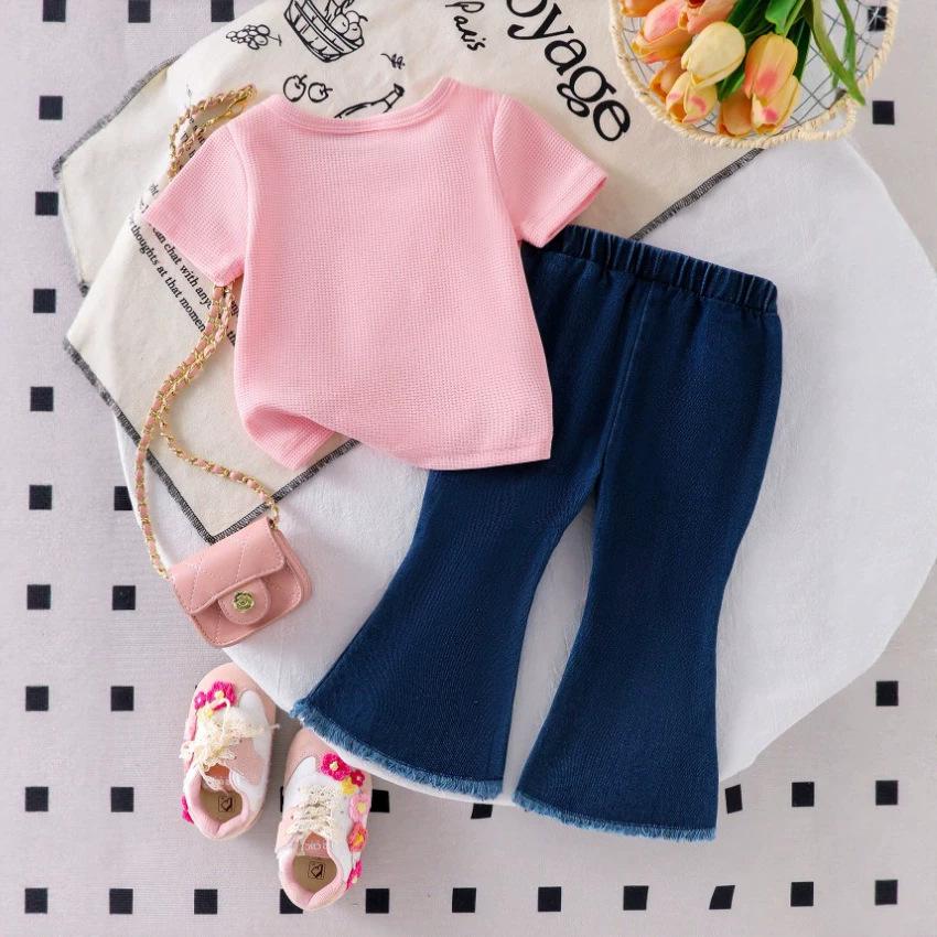 Girls' Fashionable Two-piece Summer Children's Casual Pink Top + Flared Jeans Set