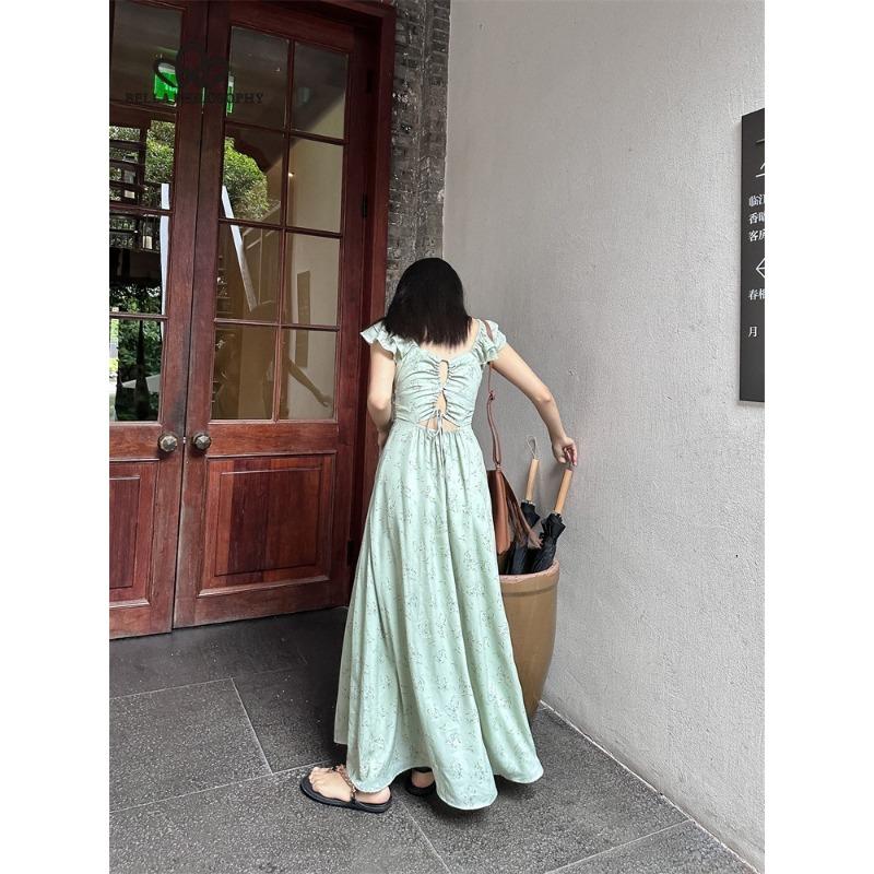 French Pure Lust Vacation Style Floral Backless Waistless Tie Fly Sleeve Long Dress Dress Long Dress Traditional Dress