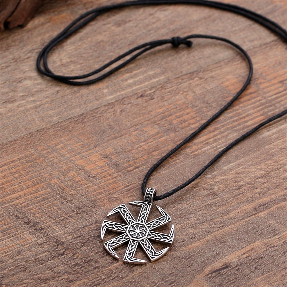 Teamer Wicca Round Necklace Men Norse Viking Runes Tree of Life Seal Pendants Wax Cord Link Chain Men's Necklace Jewelry Gifts