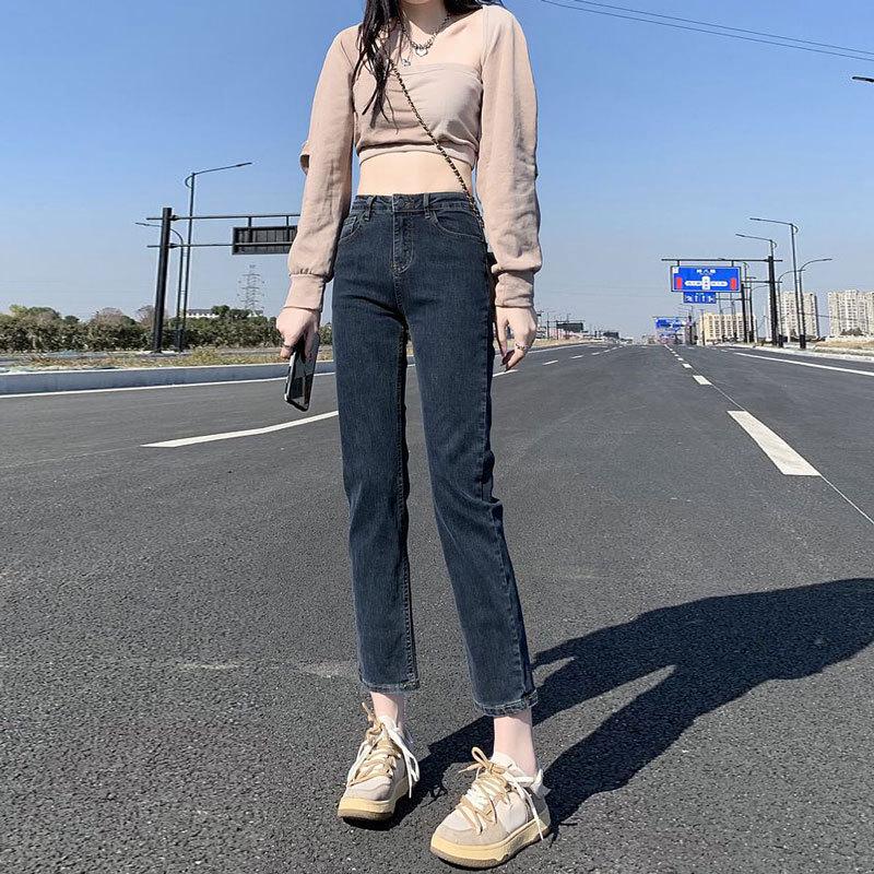 Jeans da donna a vita alta blu-grigio dritti a sigaretta, taglia grande, slim-fit, elasticizzati, lunghezza alla caviglia